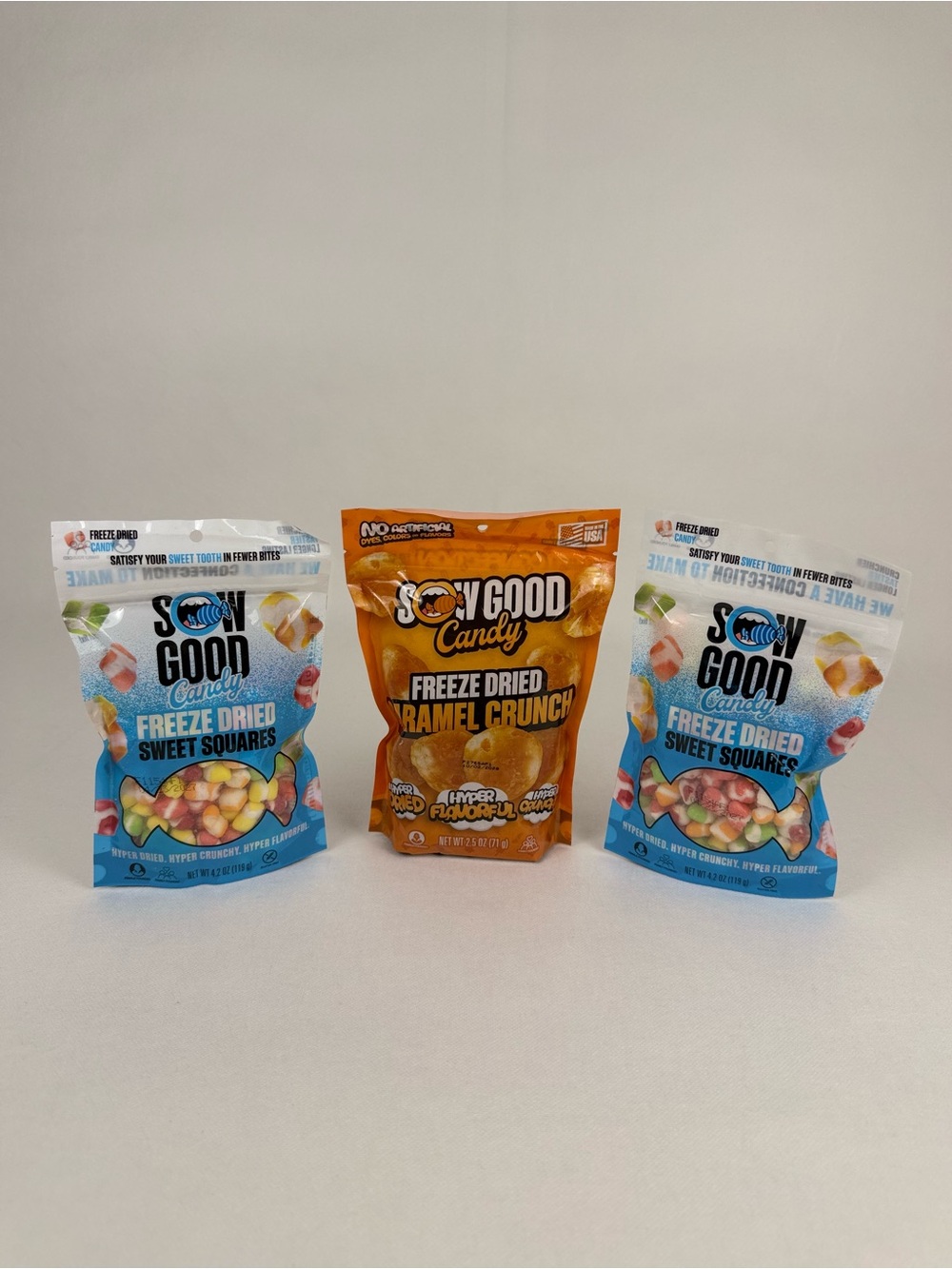 Sow Good Freeze Dried Candy Lot of 3 Sweet Squares & Caramel Crunch